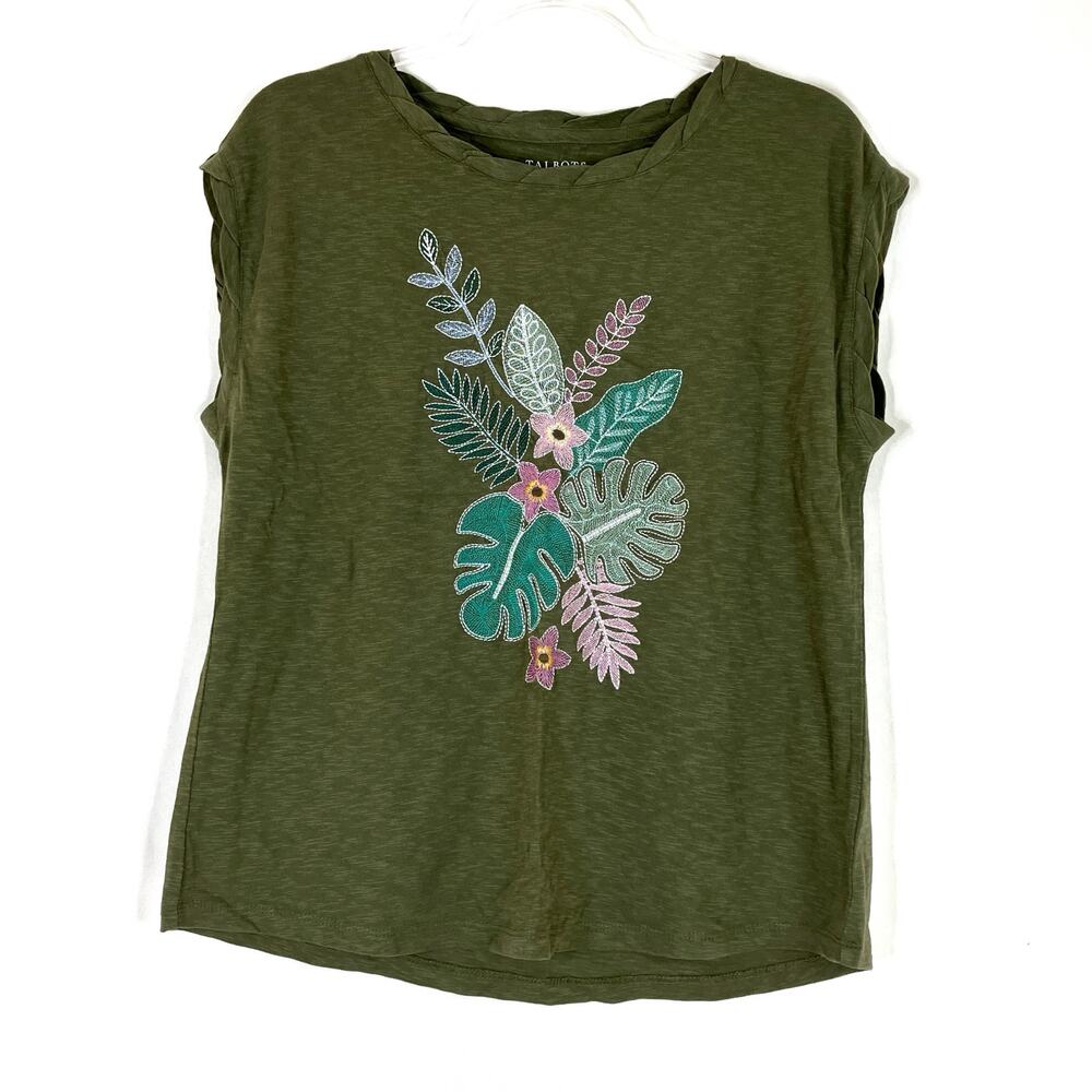 Talbots Petite Green Tropical Embroidered Casual Top 100% Cotton Womens L PETITE